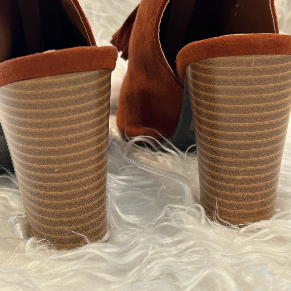 Qupid Women’s Brown Booties Faux Suede Boots Open Toe Tassels Stacked Heel 6 - Picture 4 of 13